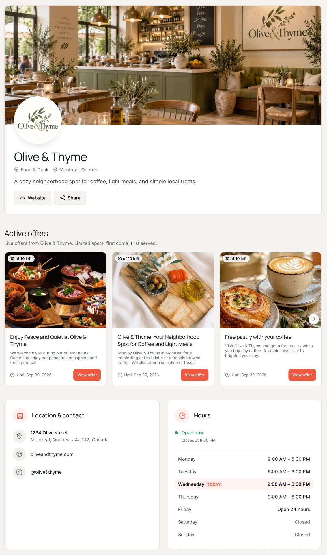 Spotterly public business page showing active offers, location details, and business hours